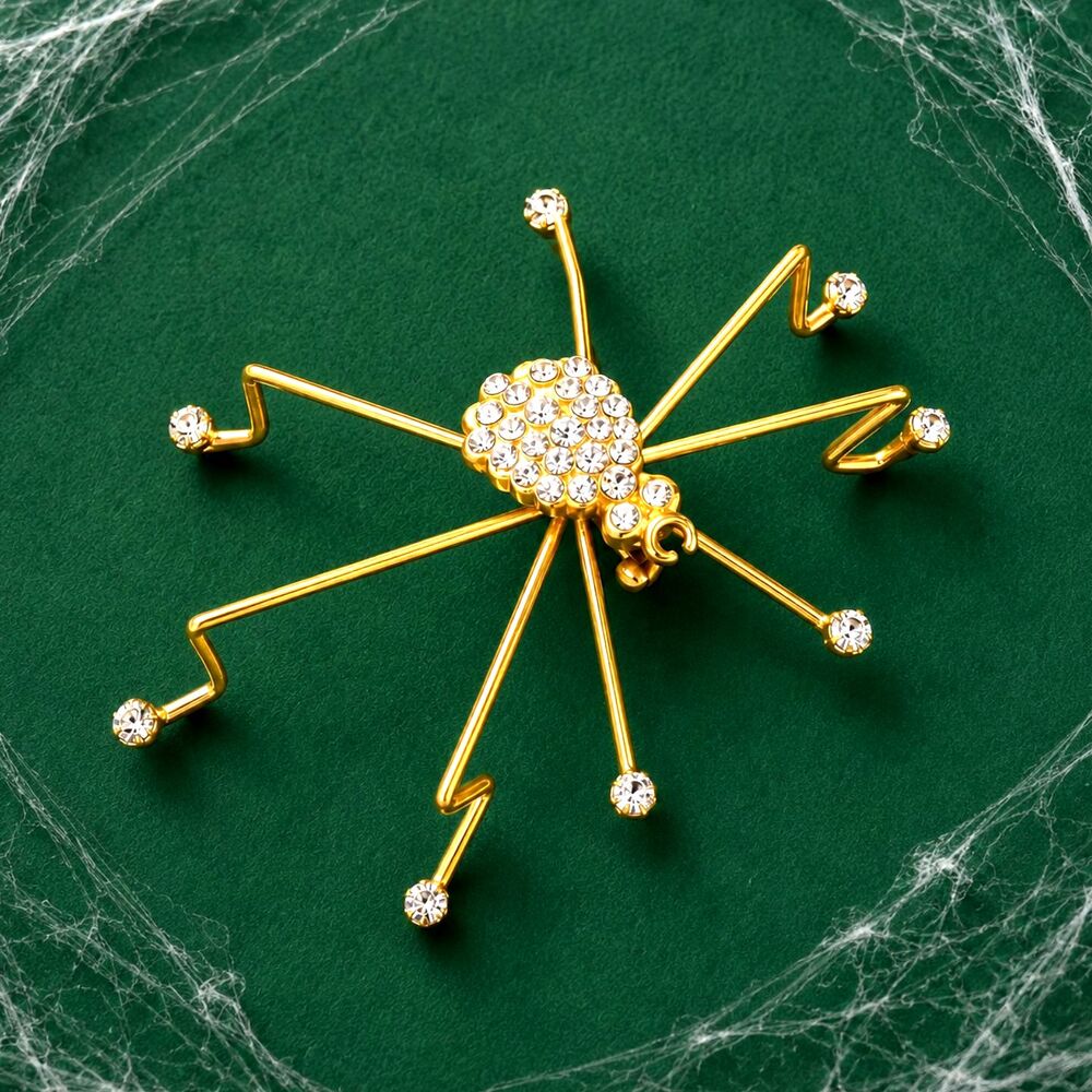 Vintage Gold Tone Rhinestone Spider Brooch
